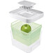 An OXO white plastic container with a green apple inside.
