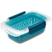 A clear rectangular plastic container with blue and white snap-on lid.
