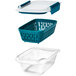 A clear rectangular OXO plastic food storage container with a lid and colander.