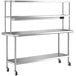 A stainless steel Regency work table with wheels, an undershelf, and a double overshelf.