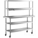 A stainless steel Regency work table with two undershelves and a double overshelf.