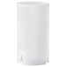 A frosted glass cylinder with a black bottom holding a white candle.