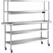 A stainless steel Regency work table with double overshelf and 2 undershelves.