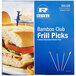A box of Royal Paper bamboo frilled club food picks with a yellow circle on the front.