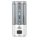 A stainless steel wall mount push button soap dispenser with a glass door.