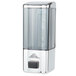 An Advance Tabco stainless steel wall mount soap dispenser with a silver push button.