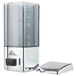 A silver and chrome Advance Tabco wall mount push button soap dispenser with a lid.
