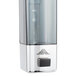 A stainless steel wall mount soap dispenser with a black push button.