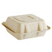 A white square Tellus bagasse clamshell container with a lid.