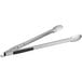 Stainless steel grilling tongs with black handles.