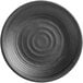 A black Acopa Izumi melamine coupe plate with a spiral pattern.