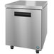 A stainless steel Hoshizaki undercounter freezer with a black handle on wheels.