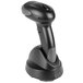 A black POS-X ION Bluetooth 1D CCD barcode scanner in a holder.