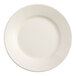 An Acopa ivory stoneware plate with a wide, round edge.