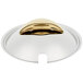 A gold and white metal lid with a gold rim on a Vollrath Panacea Soup Marmite.