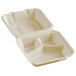 A white Tellus bagasse clamshell container with three compartments.