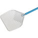 A white and blue anodized aluminum square perforated pizza peel with a long handle.
