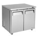 A Turbo Air M3 Series stainless steel undercounter refrigerator with two doors.