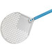 A blue and white anodized aluminum round pizza peel with a long handle.