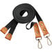 A black and brown leather Acopa Hazleton cross-back strap with two brass hooks.
