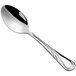 An Acopa stainless steel teaspoon with a swirl design on the handle.