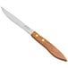A Choice steak knife with a natural wood handle.
