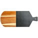 An Acopa acacia wood serving board with slate and wood handles.
