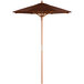 A Lancaster Table & Seating wooden umbrella with a brown shade on a pole.