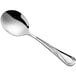An Acopa stainless steel bouillon spoon with a curved handle.