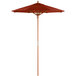 A red Lancaster Table & Seating wood umbrella on a pole.