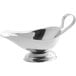 A silver stainless steel gravy boat with a handle.