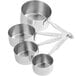 A Choice stainless steel measuring cup set with three cups and a spoon.