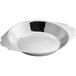 A stainless steel round au gratin dish with a black rim.