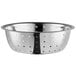 A stainless steel Choice Chinese colander with holes in it.