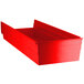 A red plastic Regency shelf bin with an open lid.