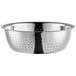 A silver stainless steel Choice Chinese colander with holes.