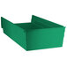 A green plastic shelf bin with an open lid.