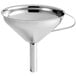 A silver stainless steel funnel with a handle.