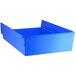 A Regency blue plastic shelf bin with an open lid.