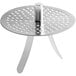A silver stainless steel Choice strainer with holes in it.