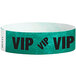 A teal paper wristband with the black word "VIP" and a black border.