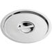 A stainless steel round Bain Marie cover with a handle.