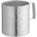 A silver aluminum measuring cup with a handle.