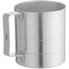 A silver aluminum measuring cup with a handle.