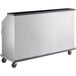A white rectangular stainless steel portable bar with black trim and wheels.