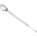 A silver Choice 21" solid stainless steel basting spoon with a hook.