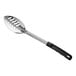 A Choice stainless steel slotted basting spoon with a black handle.