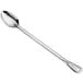 A stainless steel basting spoon with a perforated handle.