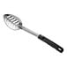 A Choice slotted stainless steel basting spoon with a black and silver coated handle.