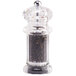 A clear glass Chef Specialties Citation pepper mill filled with black peppercorns.